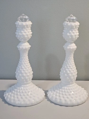 Vintage Fenton Milk Glass Hobnail Candlesticks 10” Candle Holders