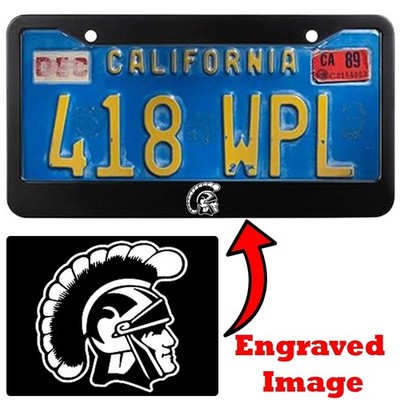 Engraved Black License Plate Frame - TROJAN MASCOT #2