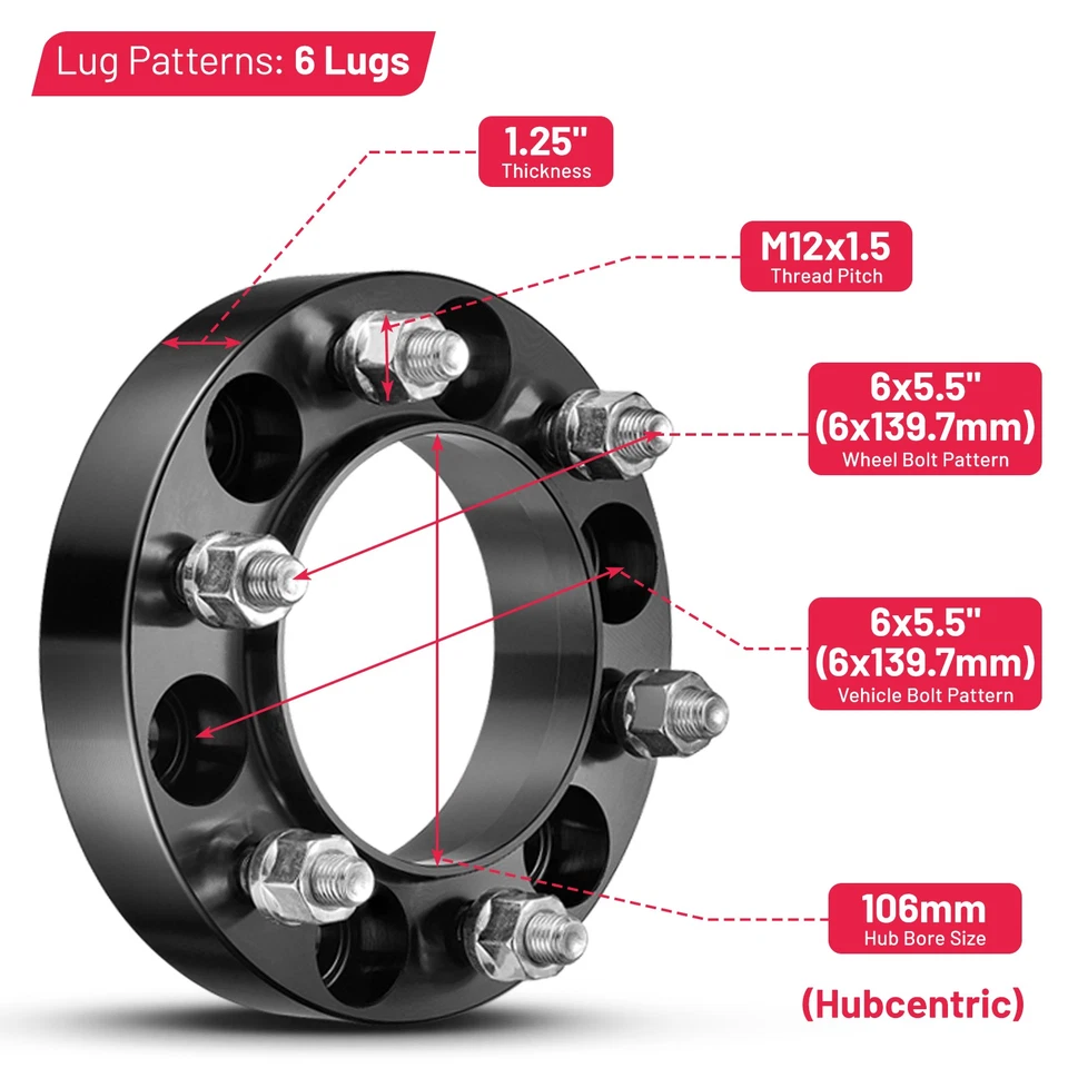4PCS 6x5.5 Wheel Spacers 1.25" Hubcentric 6x139.7 for Tacoma 4Runner FJ Cruiser - Imagem 2 de 4