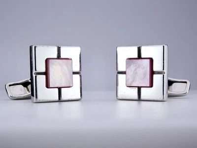 Boutons de manchette Dunhill en argent sterling 925 coquille rose nacre 7-10 ... - Photo 1/4