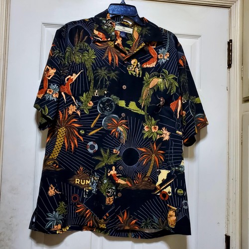 Tommy Bahama Shirt Mes Small Black Silk Hawaiian Casino Hula Tiki Graphic Looped - Picture 2 of 24
