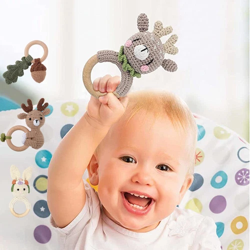 Wooden Baby Rattle Crochet Baby Toys Handmade Newborn Toy Stuffed Animal Rattle - Picture 23 of 43