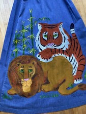 Vintage PAINTED DENIM Maxi Skirt By Mimosa Tree Lion Tiger Jean Artsy 70s Hippy