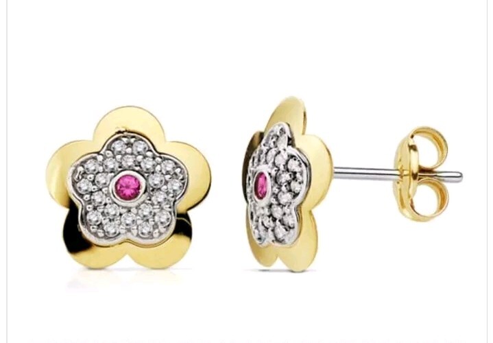 Pendientes oro 18k 750 Mls. Cierre Presión. Circonitas. Flor Piedra Roja 6 MM.