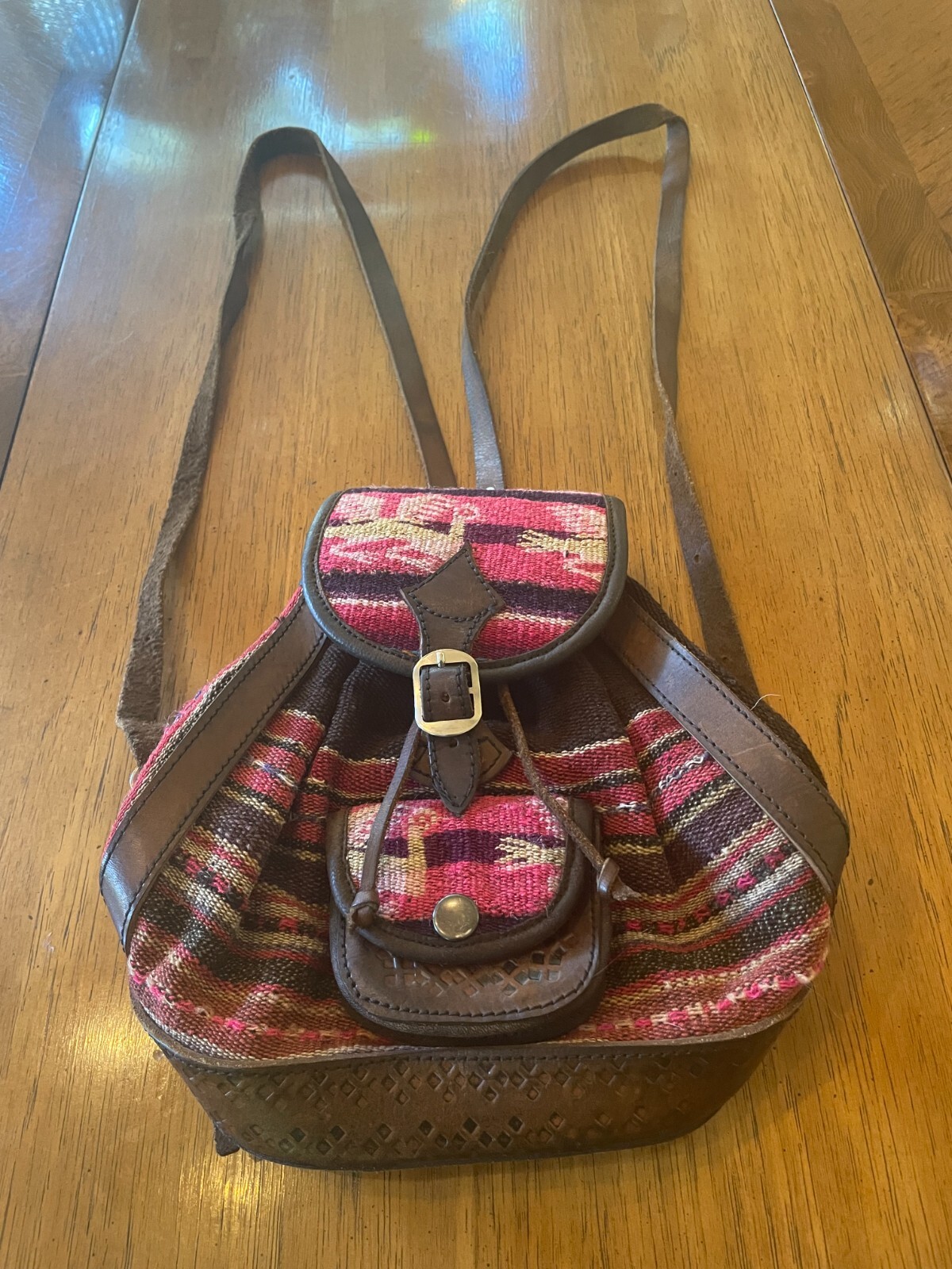 Brown leather backpack purse with handwoven Bolivian textile-image