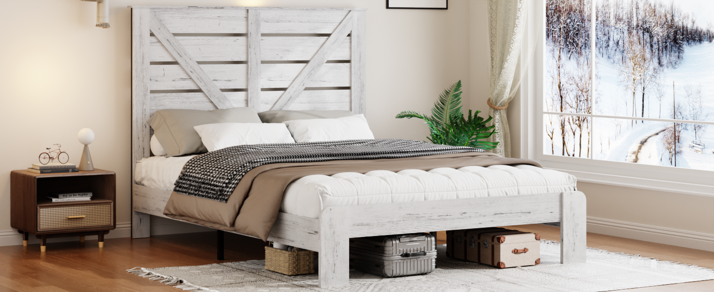 Wooden Queen Bed Frame with Headboard - Noise-Free Platform, No Box Spring Needed-image