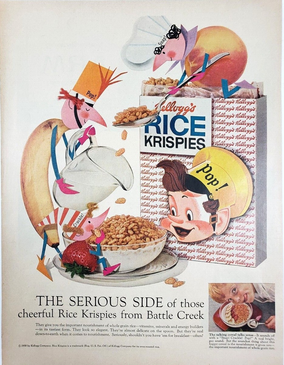 Kelloggs Snap Crackle Pop Banana Vtg 1958 Cereal Ad Rice Krispies