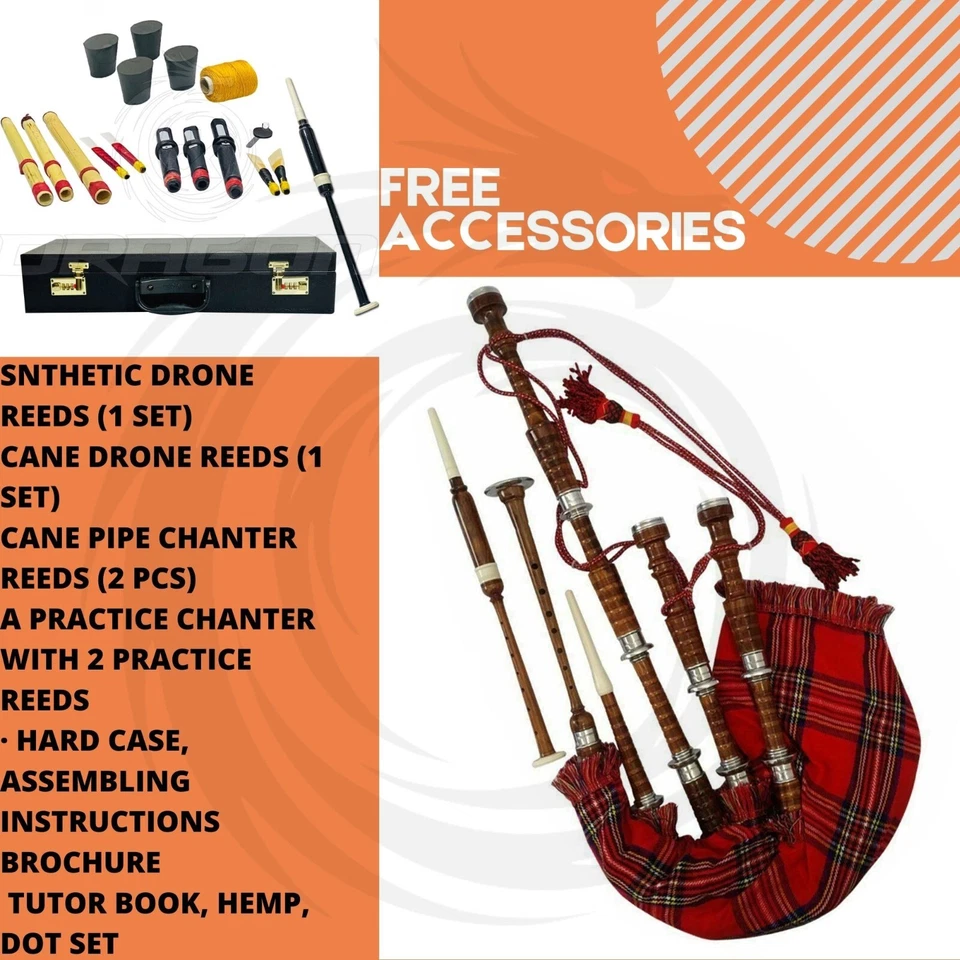 Premium Rosewood Highland Scottish Bagpipes Silver Mounts Royal Stewart Cover - Image 3 of 4