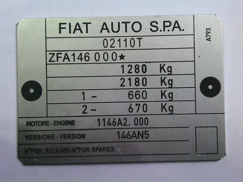 Fiat Uno Turbo ZFA146 nameplate plate Tipo 146 classic classic S98