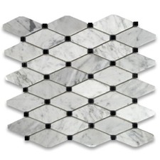 C831XP Long Octave Rhomboid Carrara Marble Mosaic Tile Black Dots Polished