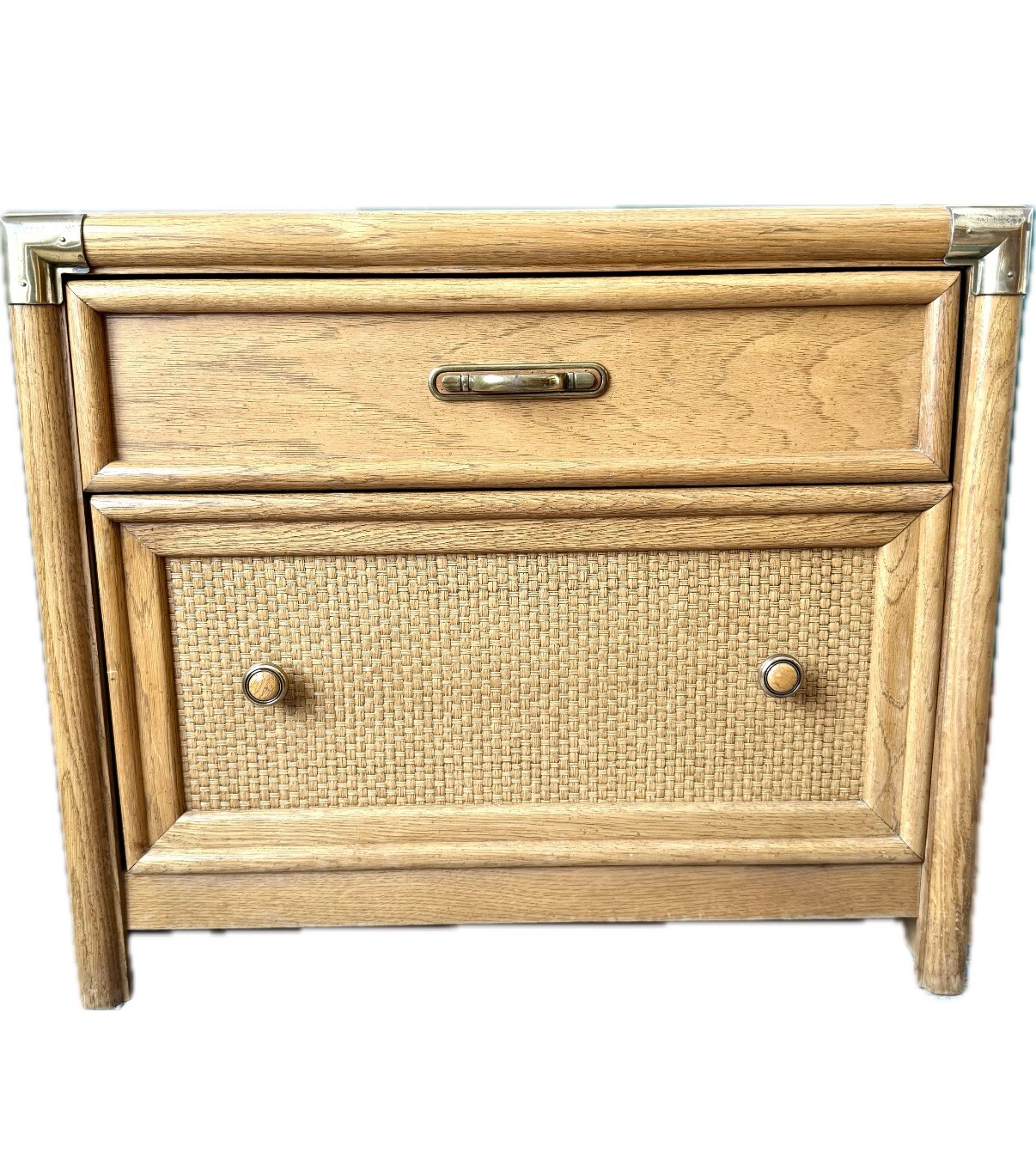 Mesita de noche vintage de ratán y madera Burlington - estilo moderno de mediados de siglo de los años 70