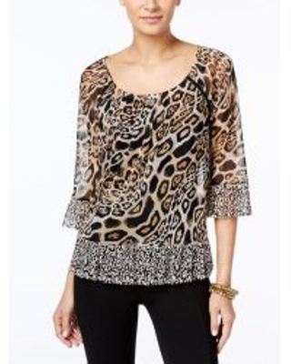 INC International Concepts Women's 3/4 Sleeve Peasant Top Leopard print Black S