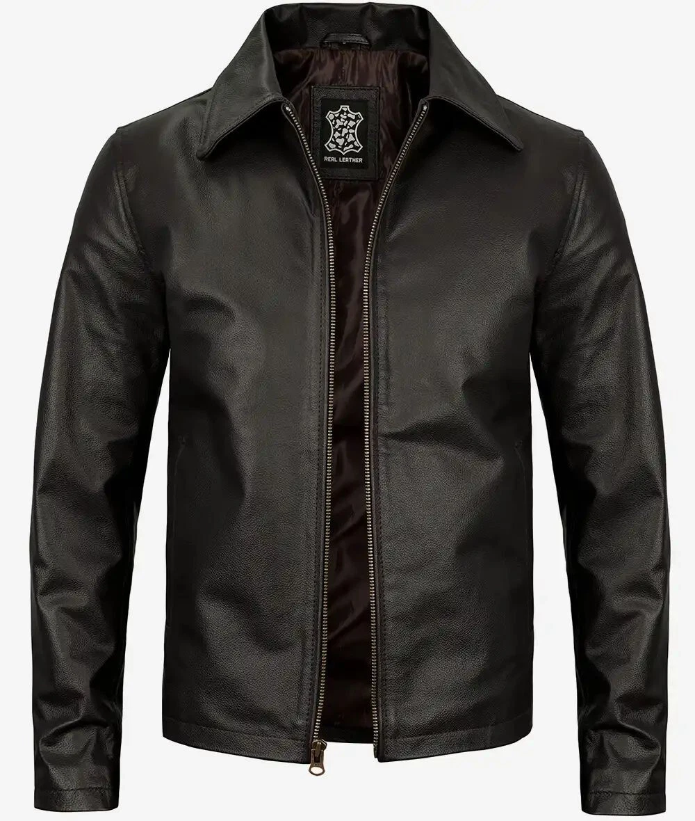 Men's New Stylish Moto Racer Biker Genuine Cowhide Dark Brown Leather Jacket
