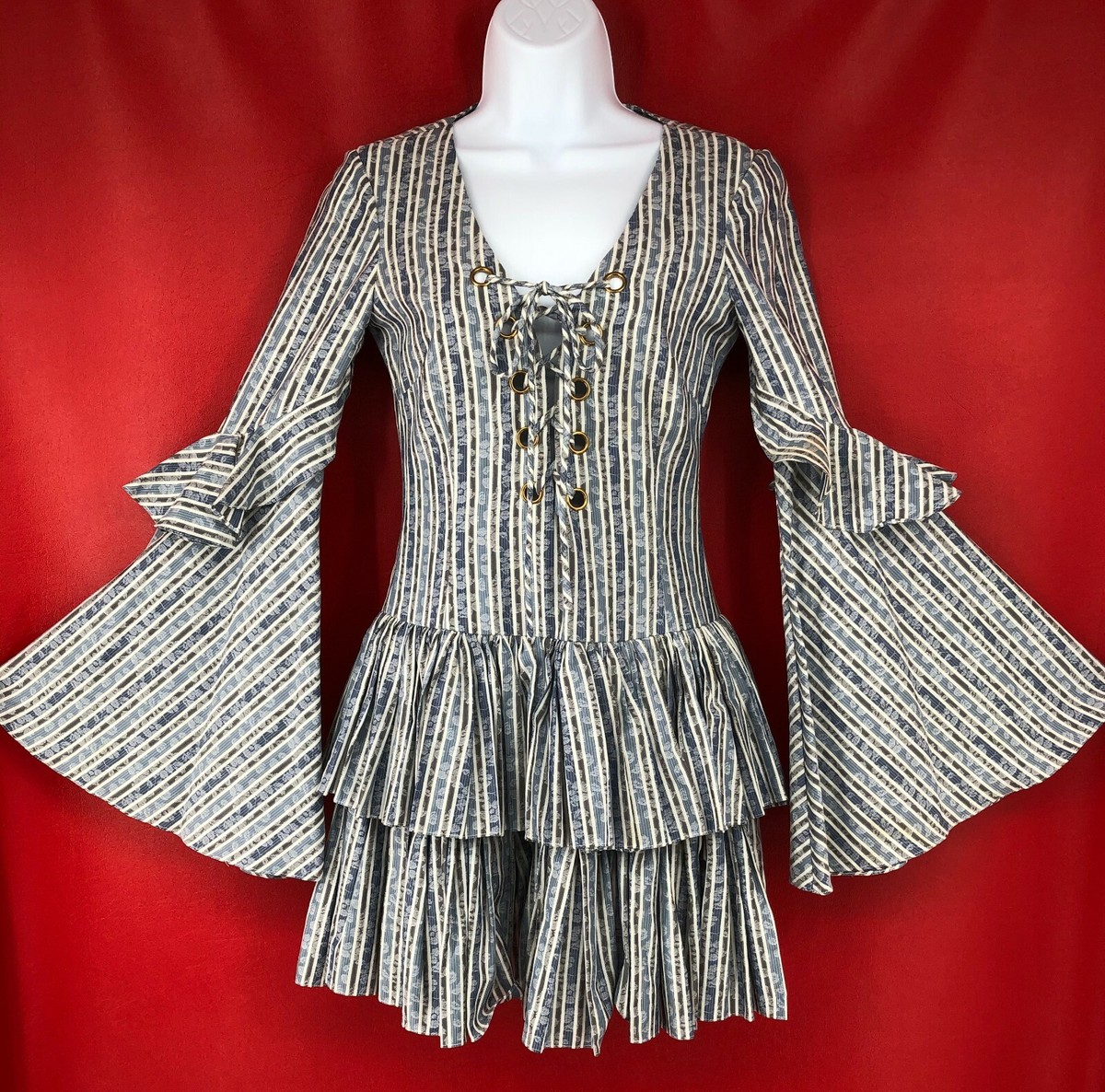 Caroline Constas Anastasia Blue Gray Striped Lace Up Bell Sleeves Mini Dress XS | eBay Caroline Constas Anastasia Blue Gray Striped Lace Up Bell Sleeves Mini Dress XS | eBay