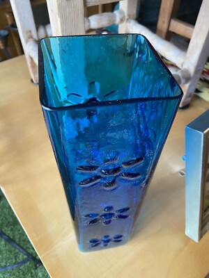 Vintage 1960s Blenko Glass Wayne Husted 6115L Blue Square Daisy