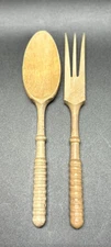 Vintage Wooden Salad Serving Set Fork Spoon Ribbed Handle Rustic Mid Century