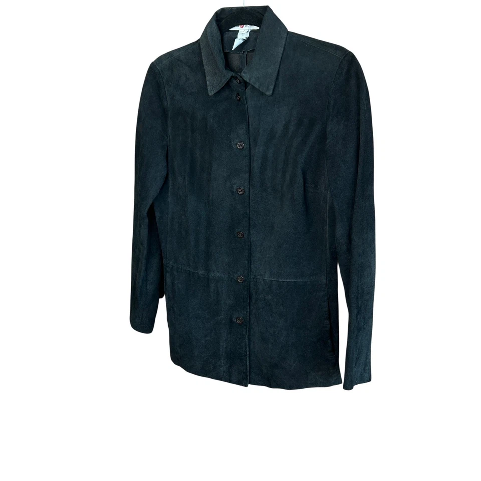 Camisa Saks Fifth Avenue Real Clothes Vintage Negra Gamuza Cuero Botón Frontal Foto 3 de 4