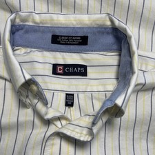 Chaps 15 15.5 32/33 Blue & Yellow Striped Wrinkle Free Long Sleeve Shirt 