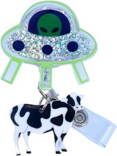 Cute UFO Cow Badge Reel Holder Retractable with ID Clip for Nurse Nursing Name T