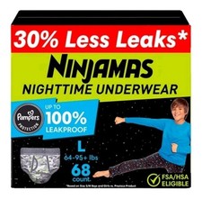 Ninjamas Boys Bedwetting Nighttime Underwear Size L Pull Ups for Boys 64-95 Lbs