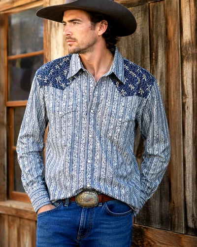 Polo Jeans Co Ralph Lauren Western Snap Shirt Men's L Blue Floral Stripe