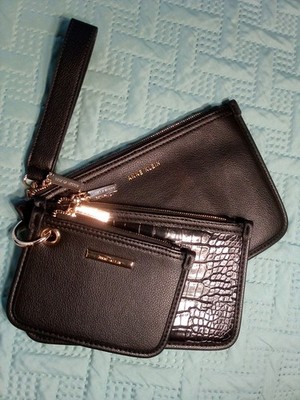 NWOT Anne Klein Set Of 3 Elegant Sleek Black Leather Wristlets Clutches