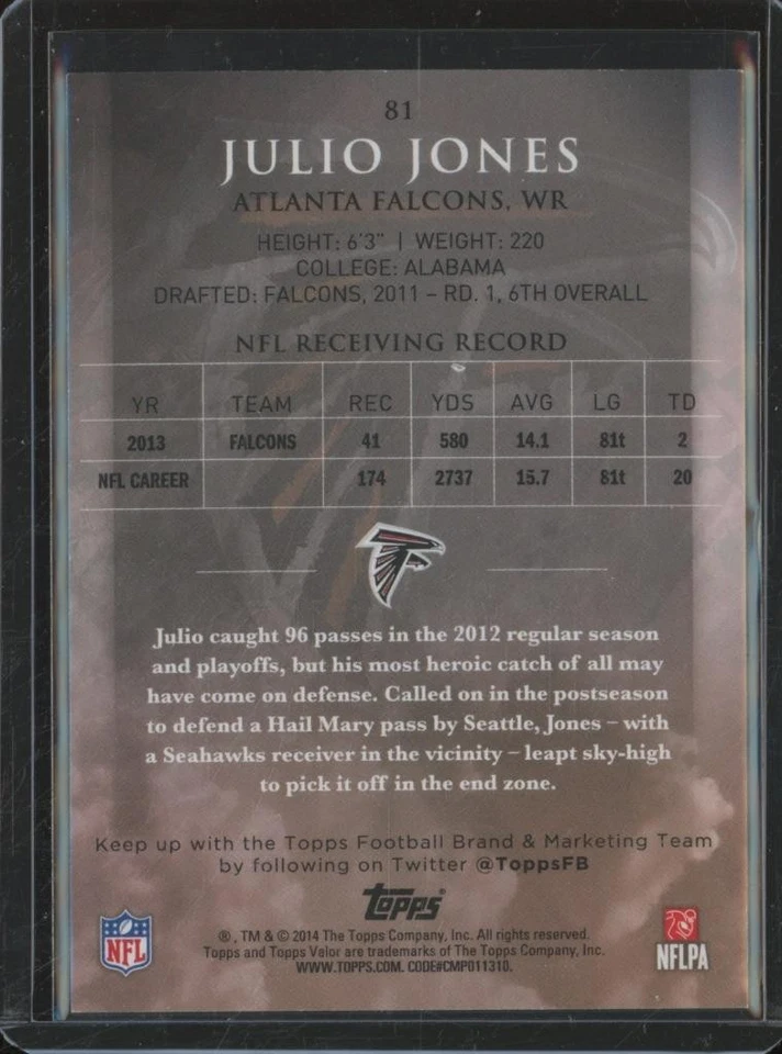 2014 Topps Valor JULIO JONES #81 Glory Parallel /199 Atlanta Falcons JA826 - Image 2 of 2