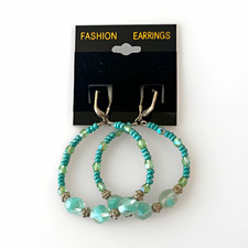 Blue/Green & Silver Beaded Hoop Dangle/Drop H...