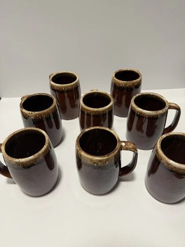 Vintage Hull Brown Drip Glaze Set of 8 Mugs Oven Proof USA Made