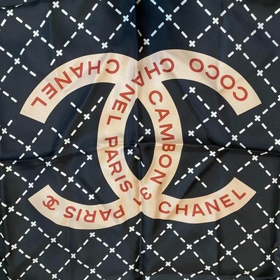 CHANEL 90 Silk Scarf Coco Mark Logo Check Pattern Black Luxury