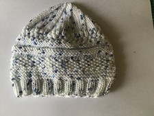 Hand knitted Baby Hat White with blue and grey Spots Newborn