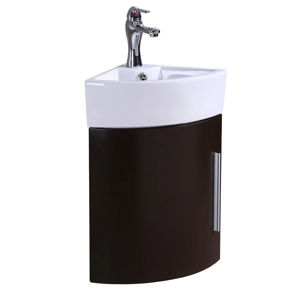White Corner Vanity Sink Dark Oak Finish Cabinet with Faucet Drain and Overflow - Image 3 of 4