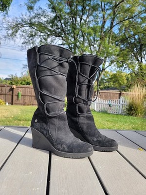 UGG Boots Womens 9 Elsey Winter Black Leather Lace Up Round Toe Wedge Mid-Calf