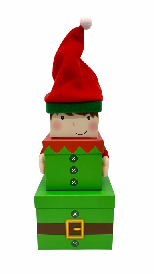 Christmas Elf Set 3 Novelty Stacking Boxes Plush Arms Red Hat Stocking Idea Gift