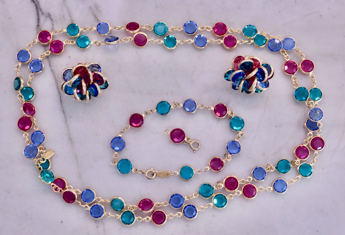 Swarovski Necklace Bracelet Earrings Set Bezel Jewel Tones Gold