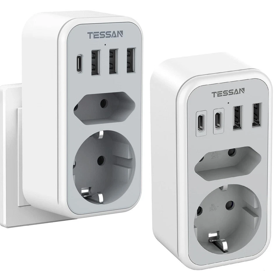 TESSAN Doppelsteckdose für Steckdose 2-3 Fach Mehrfachstecker with 2-4 USB Ladegerät
