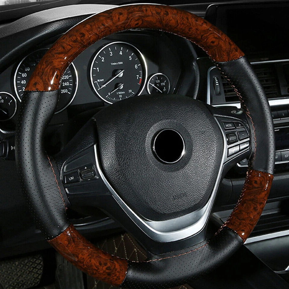Cubierta de volante de coche de cuero de madera antideslizante estuche de protección de refuerzo parte 38CM Foto 4 de 4