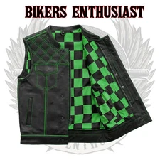 Men's Leather Black Vest With Green & Black Checker Inner Concealed Waistcoat