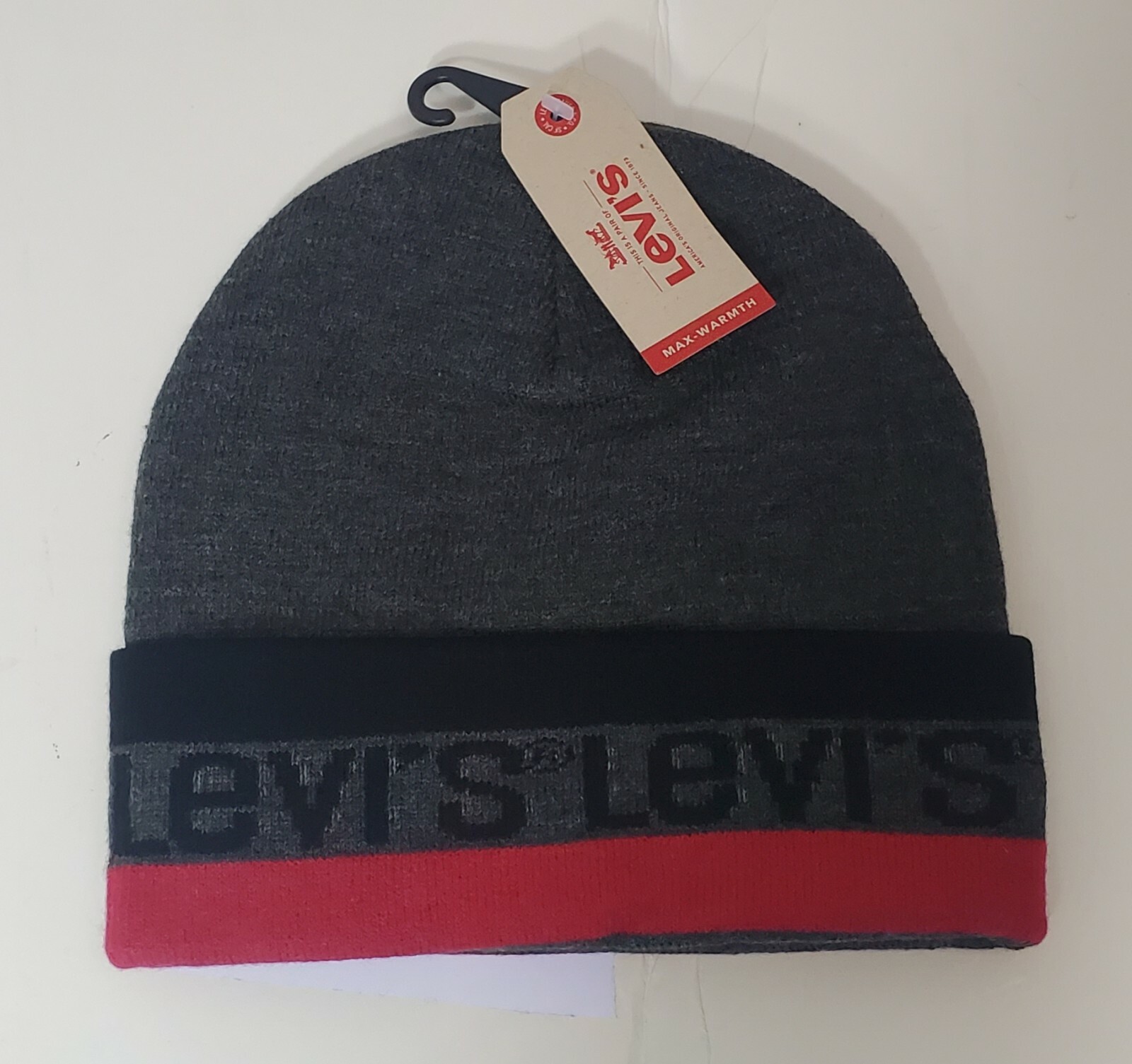 LEVI'S MEN'S BEANIE HAT CHARCOAL MULTI- LOGO LEVI'S MAX-WARMTH