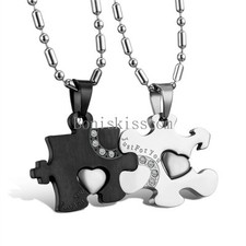 His and Hers Stainless Steel Love Heart Puzzle Pendant Couple Necklaces 1 Pair