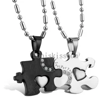 His and Hers Stainless Steel Love Heart Puzzle Pendant Couple Necklaces 1 Pair