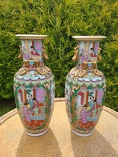 PAIRE VASES BALUSTRE PORCELAINE CHINE CANTON SIGNES CERCLE BLEU XIX EME