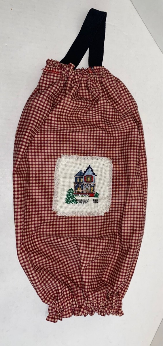 Handmade Cloth Plastic Bag Holder with Cross-Stitch accent 16