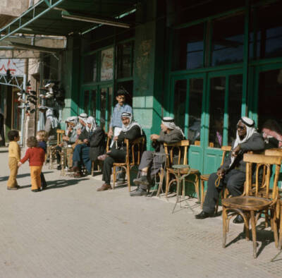 Amman Street Scene Men Sit On Chairs Outside A Cafe On A Street In- Old Photo