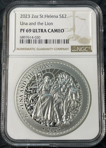 2023 2 Oz Silver St. Helena Una and The Lion Coin NGC PF 69 Ultra Cameo Beauty!