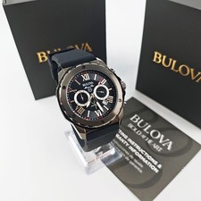 Bulova Men's Marine Star Black Dial And Strap 98B259 Quartz Watch 44mm With Box