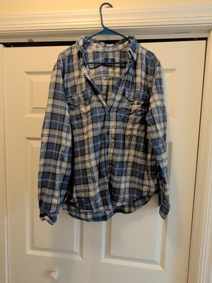 George Men s L 42-44 Flannel Blue White Plaid  Long Sleeve Button Up Two Pocket
