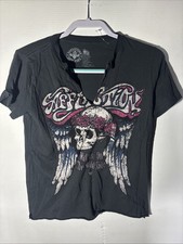 Small Affliction New Short Sleeve textured women's T shirt Skull Roses Band