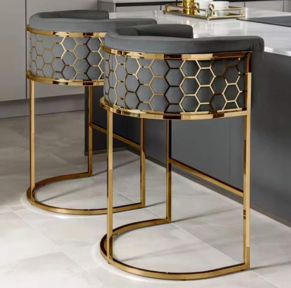 Modern Luxury Velvet High Back Breakfast Bar Kitchen Stool,Dining Chairs - Image 3 of 4