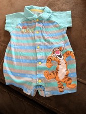 Vintage Disney Baby Short Sleeve Polo Romper Tigger 12M Gray Blue  Green Strip